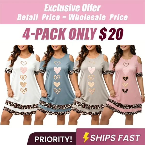 Women's Leopard Heart Cold Shoulder Loose Dress