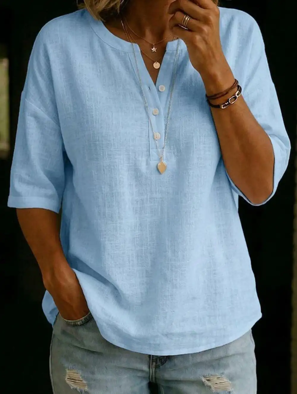 Linen V Neck Loose Shirt