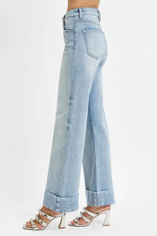 Soft High Waist Wide Leg Cuffed Denim Jeans