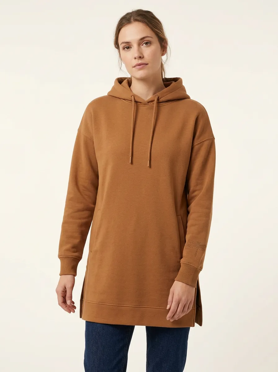 Women's Dragonfly-Sleeve Embroidered Longline Side-Slit Hoodie