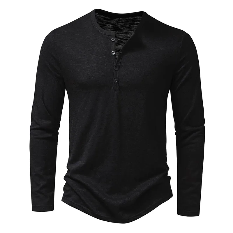 Men's Fashion: 2026 Autumn Western-Style Long-Sleeve Henley T-Shirt (Slub Cotton)