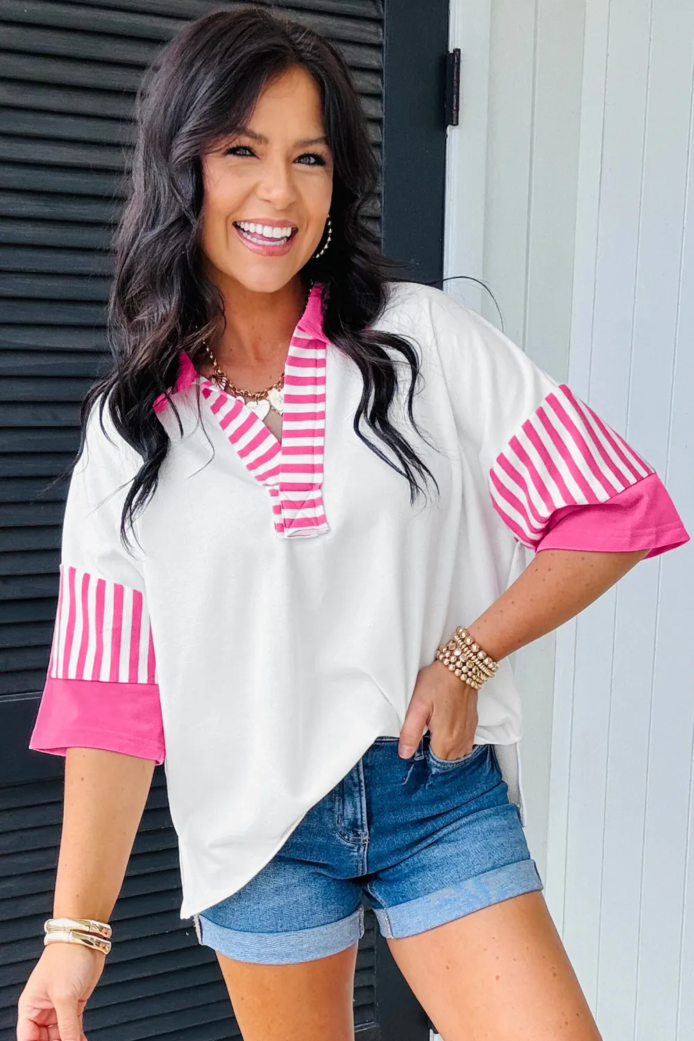 White Striped Block Patchwork Polo Tee