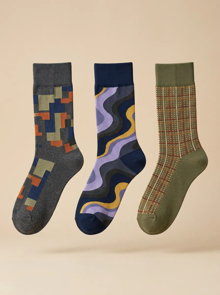 Men's Geometric Wavy Plaid Pattern Printed Three-Pack Socks