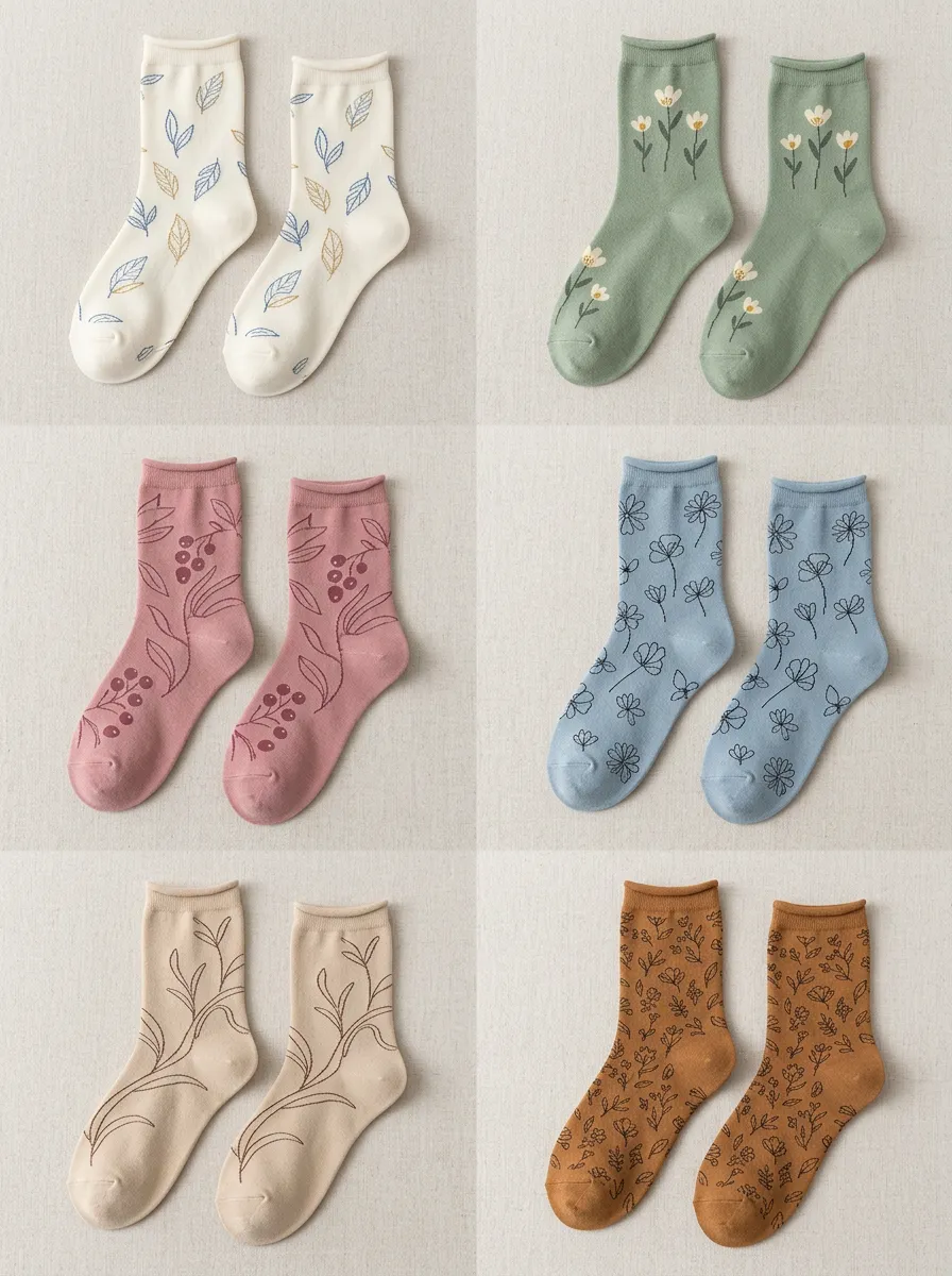 Women's Floral Leaf Crew Socks Six Pair Set