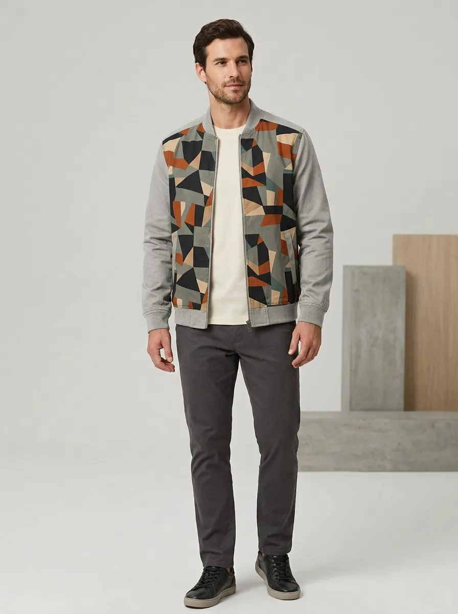 Men's Geometric Pattern Printed Bomber Jacket