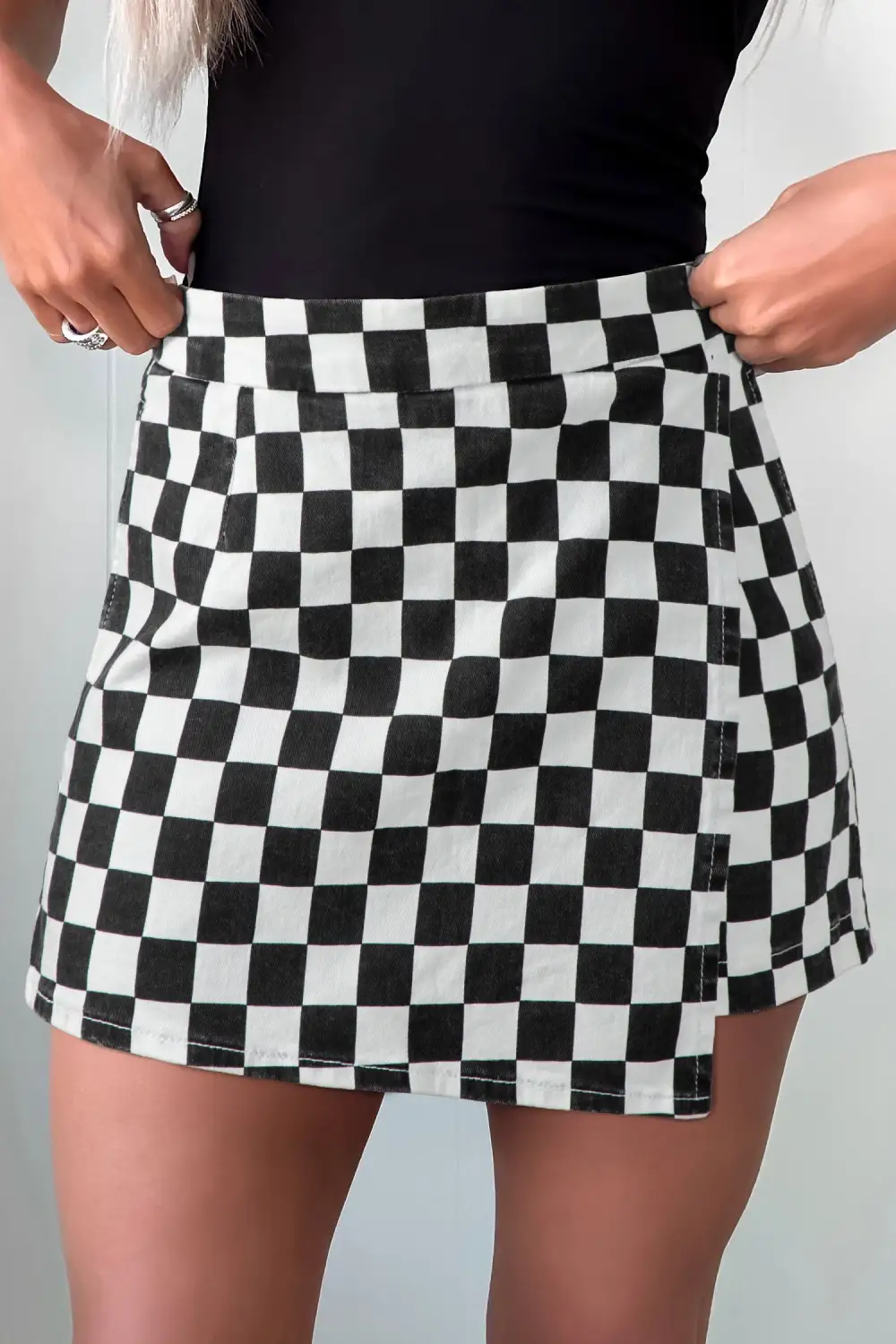 Overlap Checkered Denim Shorts