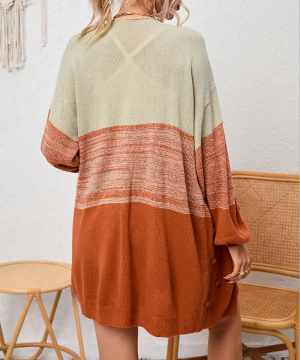 Pompom Color Block Open Front Cardigan