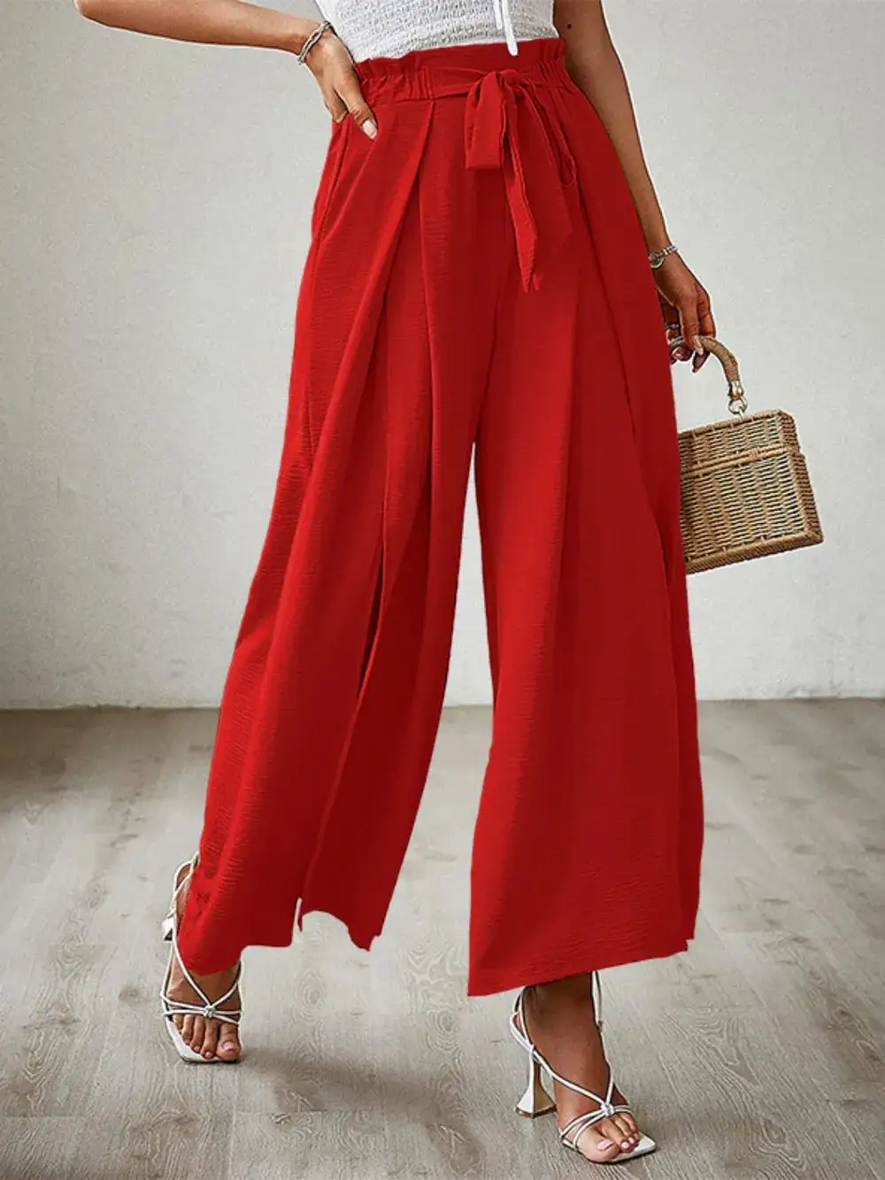 Wide Leg Tie Waist Slit Detail Casual Pants