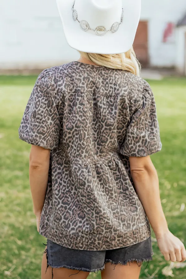 Brown Leopard Tie Neck Short Sleeve Top