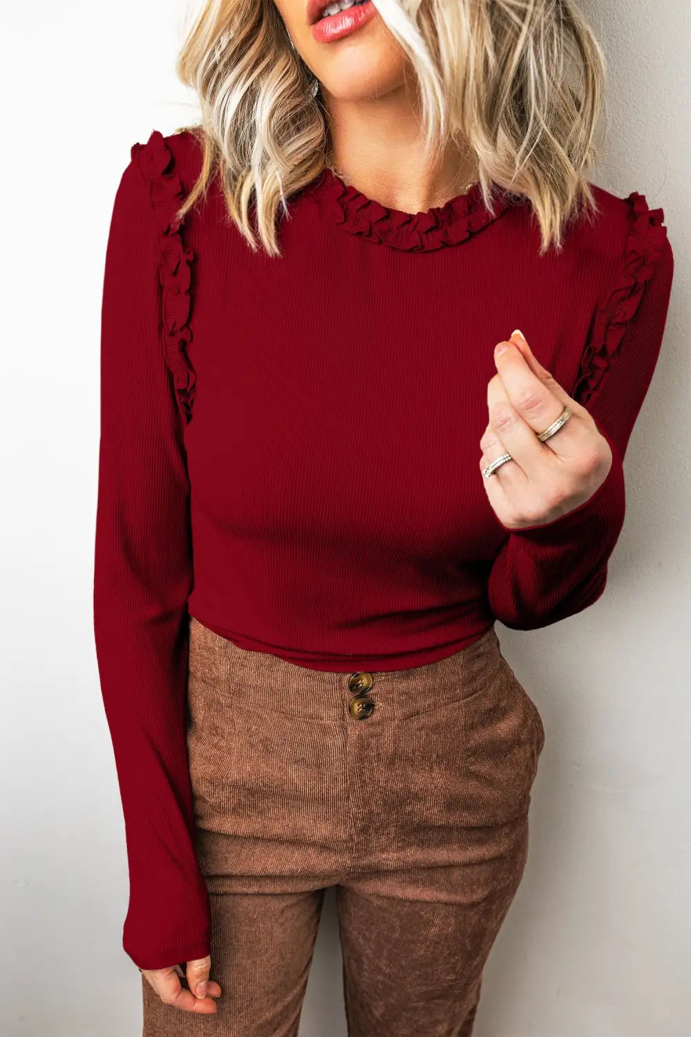 Solid Round Neck Ribbed Fitted Viscose Blend Long Sleeve Top
