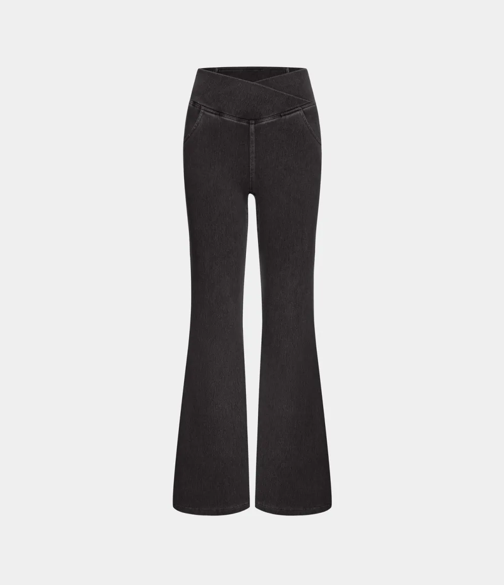 Magic High Waisted Crossover Pocket Washed Stretchy Knit Casual Super Flare Jeans