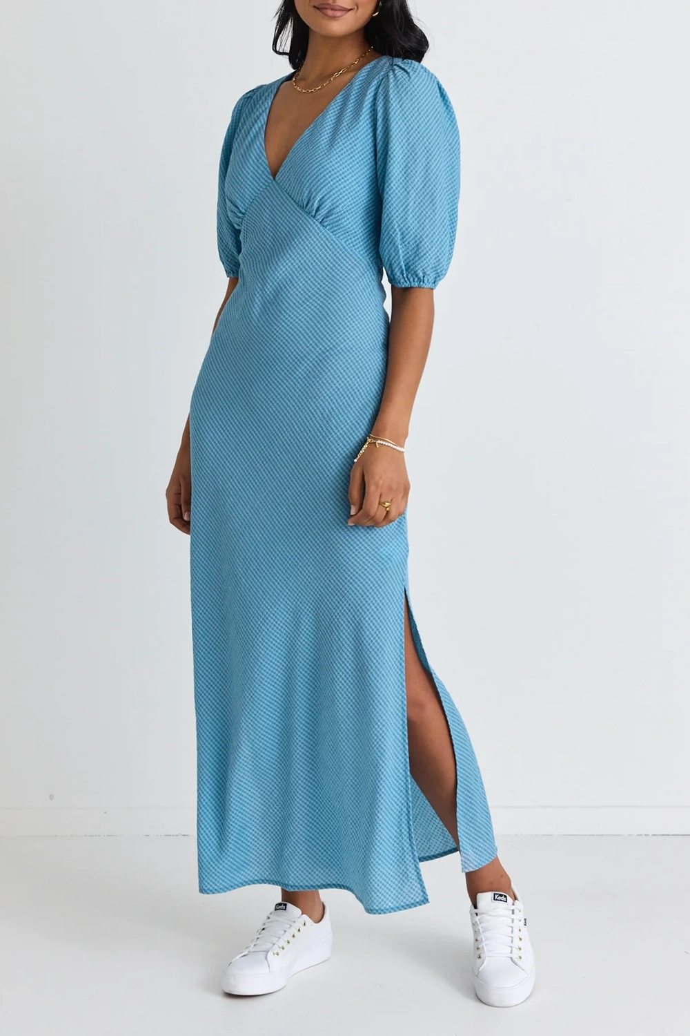 V - Neck Puff - Sleeve Maxi Dress