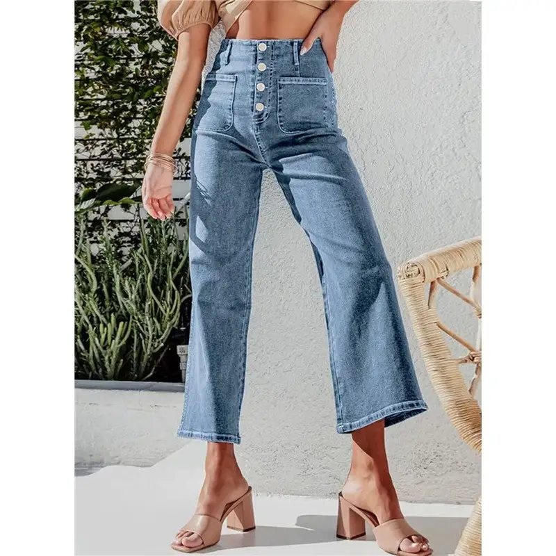 Women's High Waist Straight Leg Button Detail Jeans