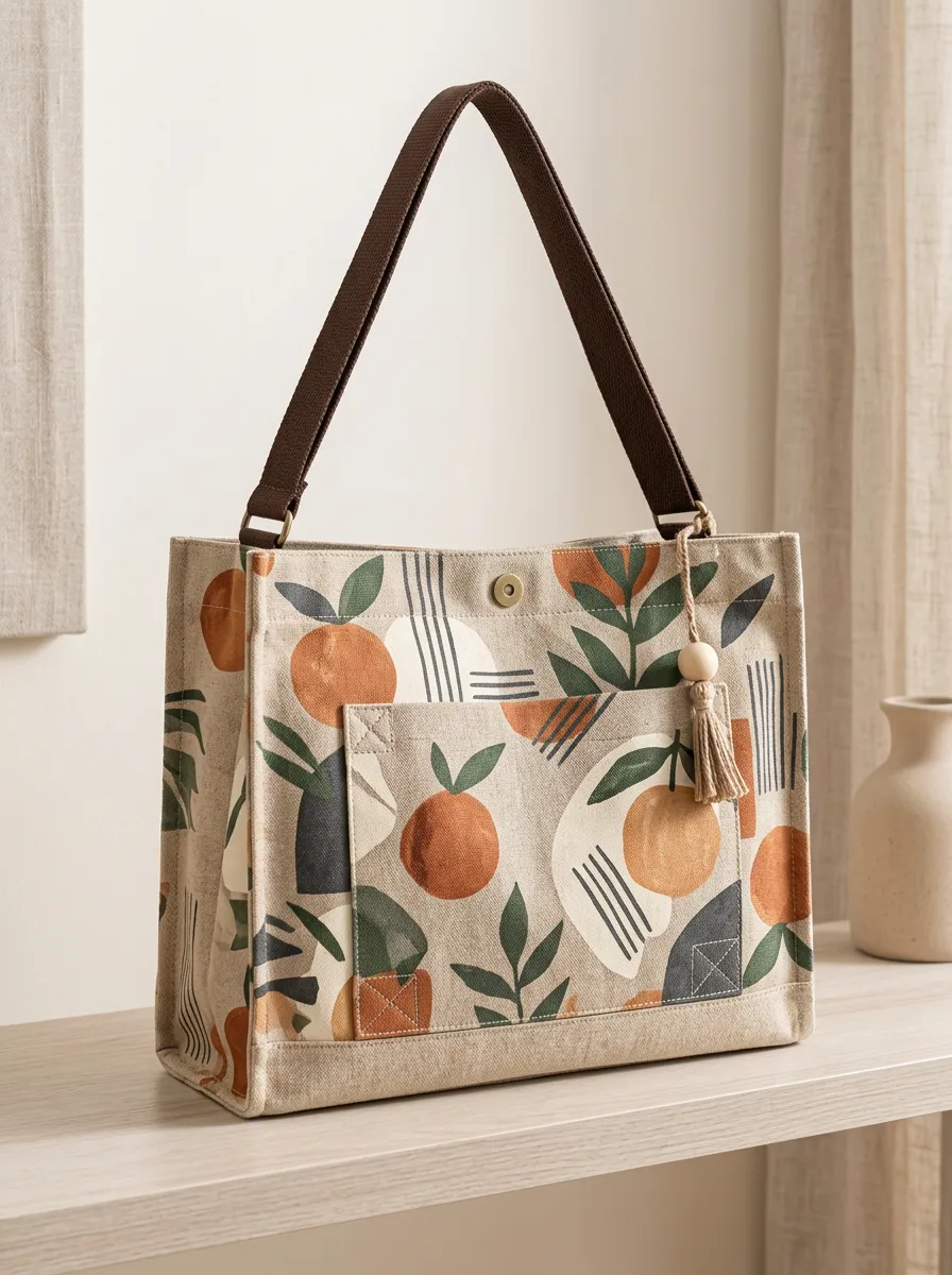 Women's Botanical Citrus Fruit Abstract Printed Canvas Shoulder Tote Bag