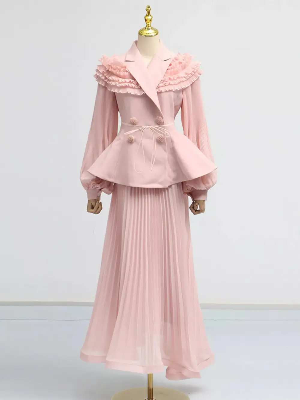 Frill Lapel Collar Top and Pleated Skirt Set