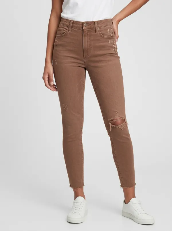 Women's Floral Embroidered Distressed Slim Jeans