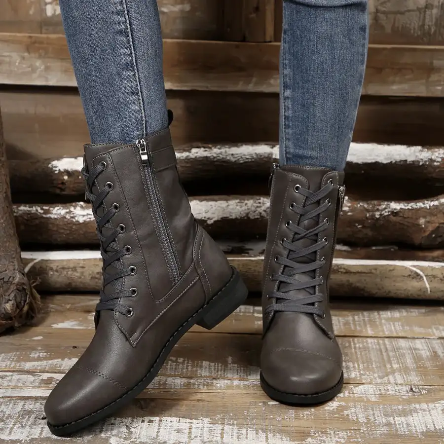 Round Toe Lace Up Block Heels Boots