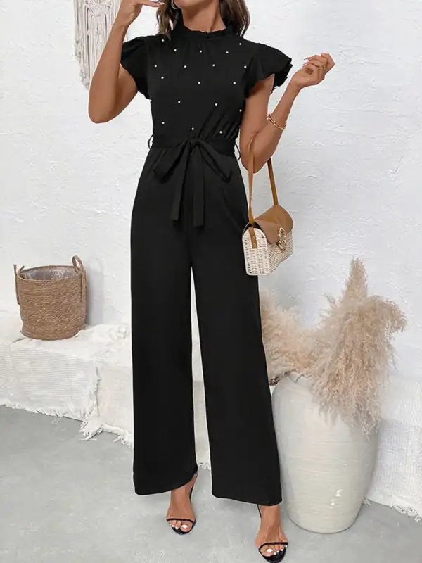 Pearl Detail Ruffled Cap Sleeve Jumpsuit Accessory