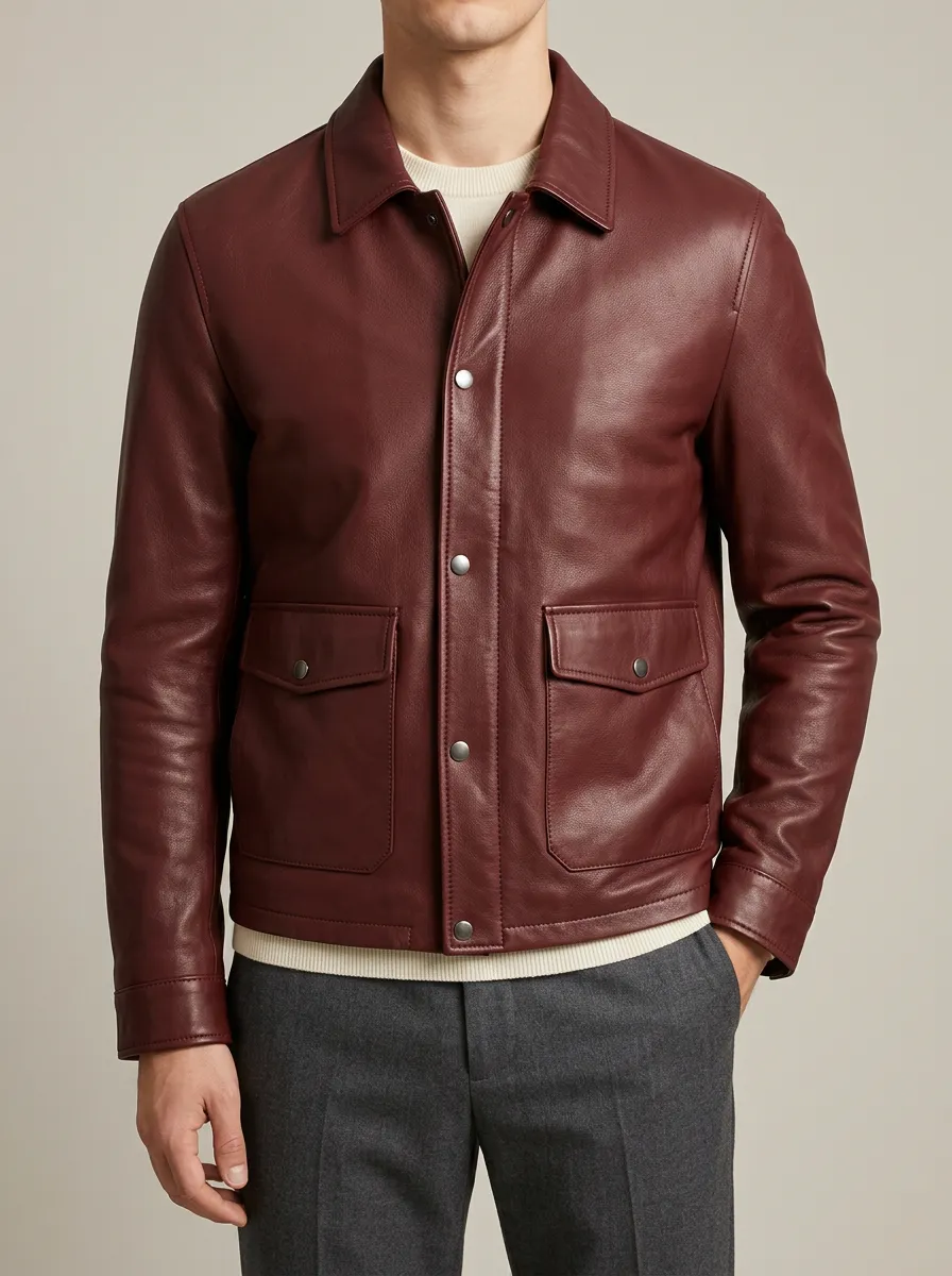 Point Collar Patch Pockets Leather Look Jacket