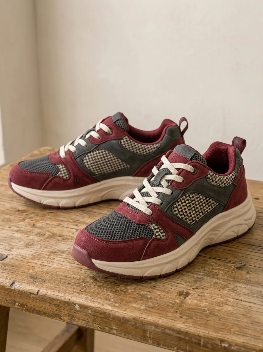 Women's Casual Burgundy Houndstooth Pattern Printed Sneakers