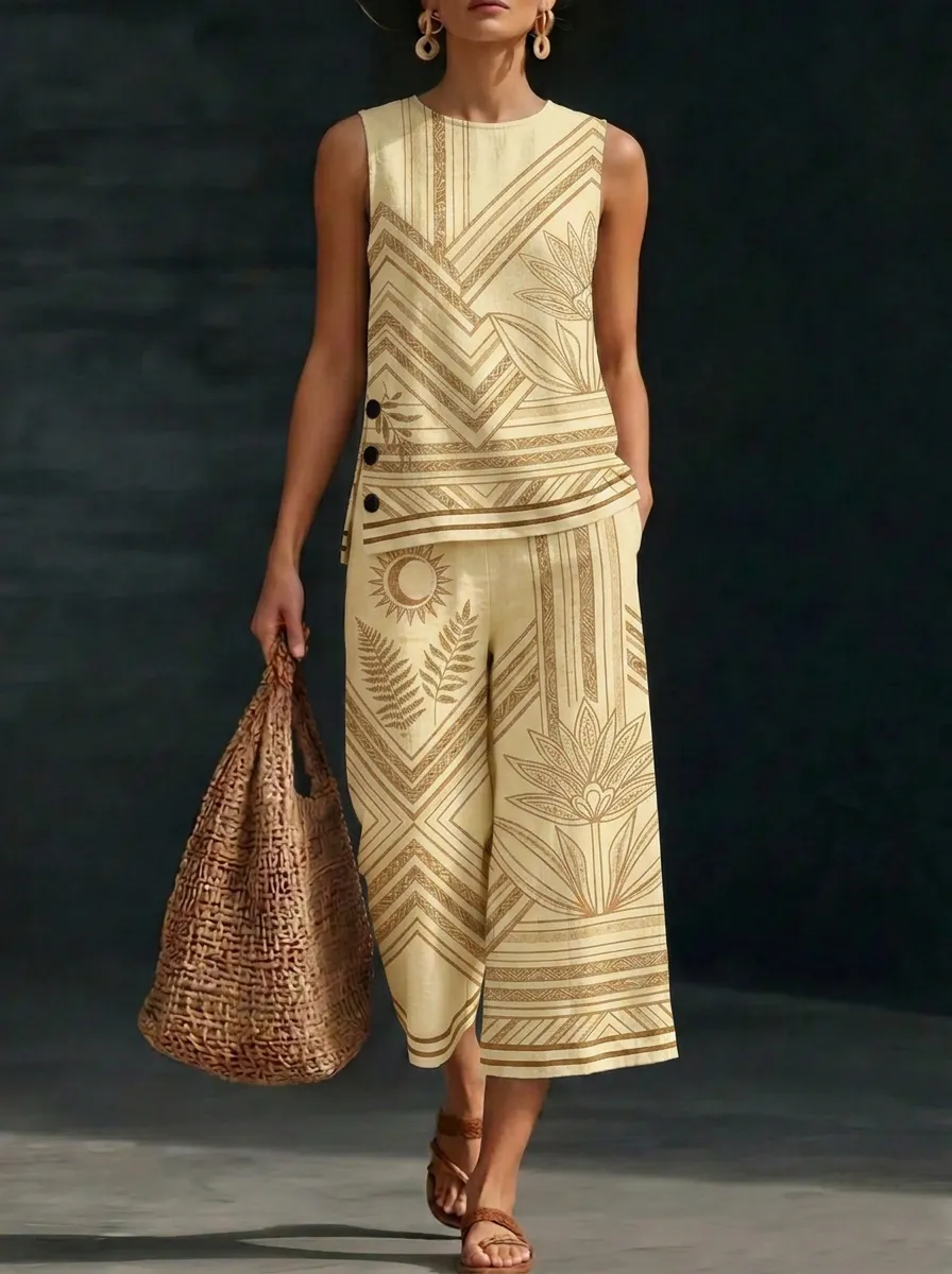Women's Bohemian Moon Fern Geometric Printed Sleeveless Set