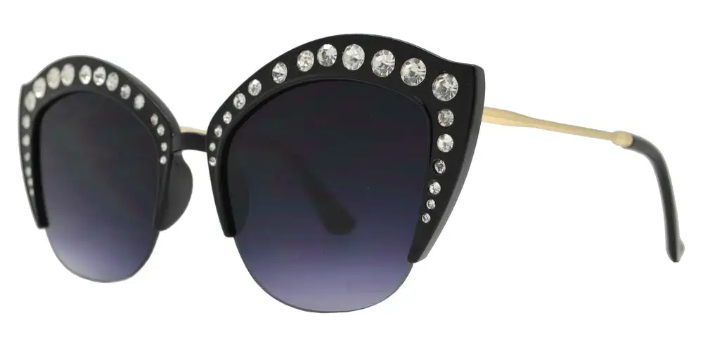 Half Rimmed Plastic Cat Eye Sunglasses With Flat Lens And Rhinestones