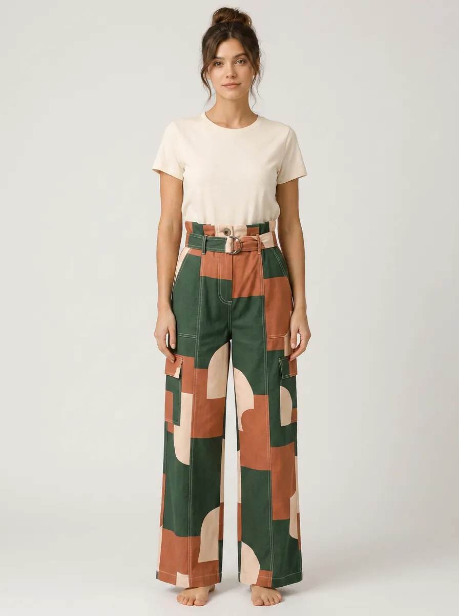 Women's Geometric Pattern Colorblock Printed Cargo Pants Set