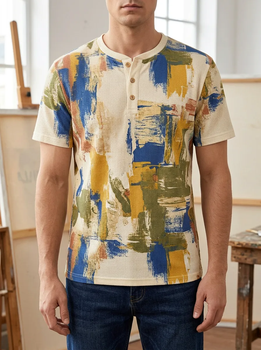 Men's Fresh Abstract Brushstroke Waffle Knit Henley T-Shirt