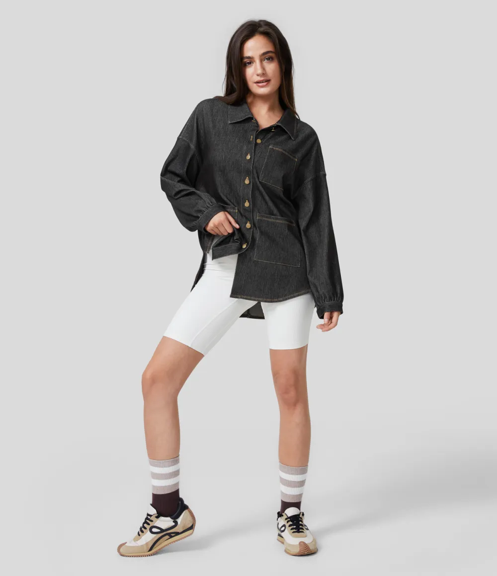Magic Collared Multiple Pockets Button Front Split Curved Hem Stretchy Knit Denim Work Oversize Jacket