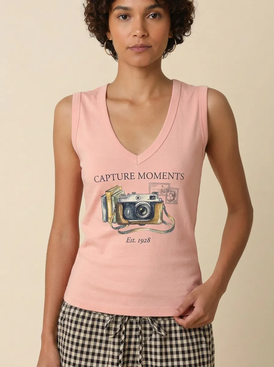 Women's Photography Vintage Camera Graphic V-neck Tank Top