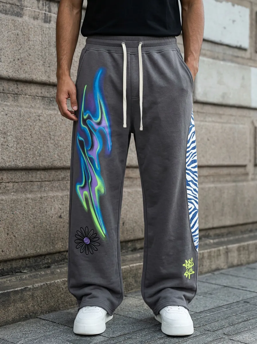 Unisex Urban Streetwear Graffiti Zebra Flame Sweatpants