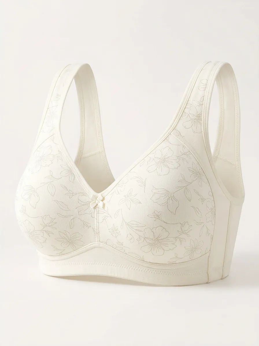 Women's Plus Size Off-White Floral Outline Full-Coverage V-Neck Wireless Bra