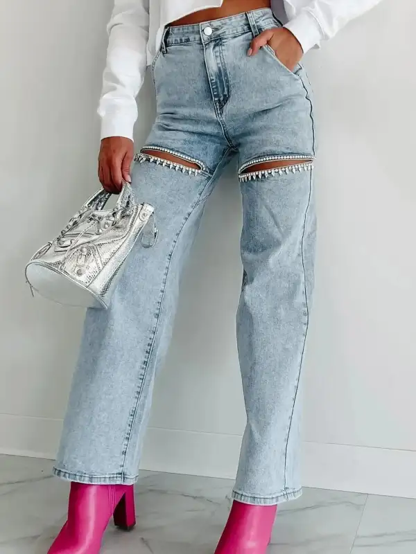 Ribbed Elastic Waist Denim Jeans