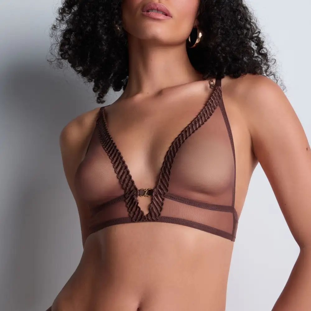 Women's Wireless Adjustable Straps Embroidery Mesh Triangle Sheer Detail Deep Neckline Bra