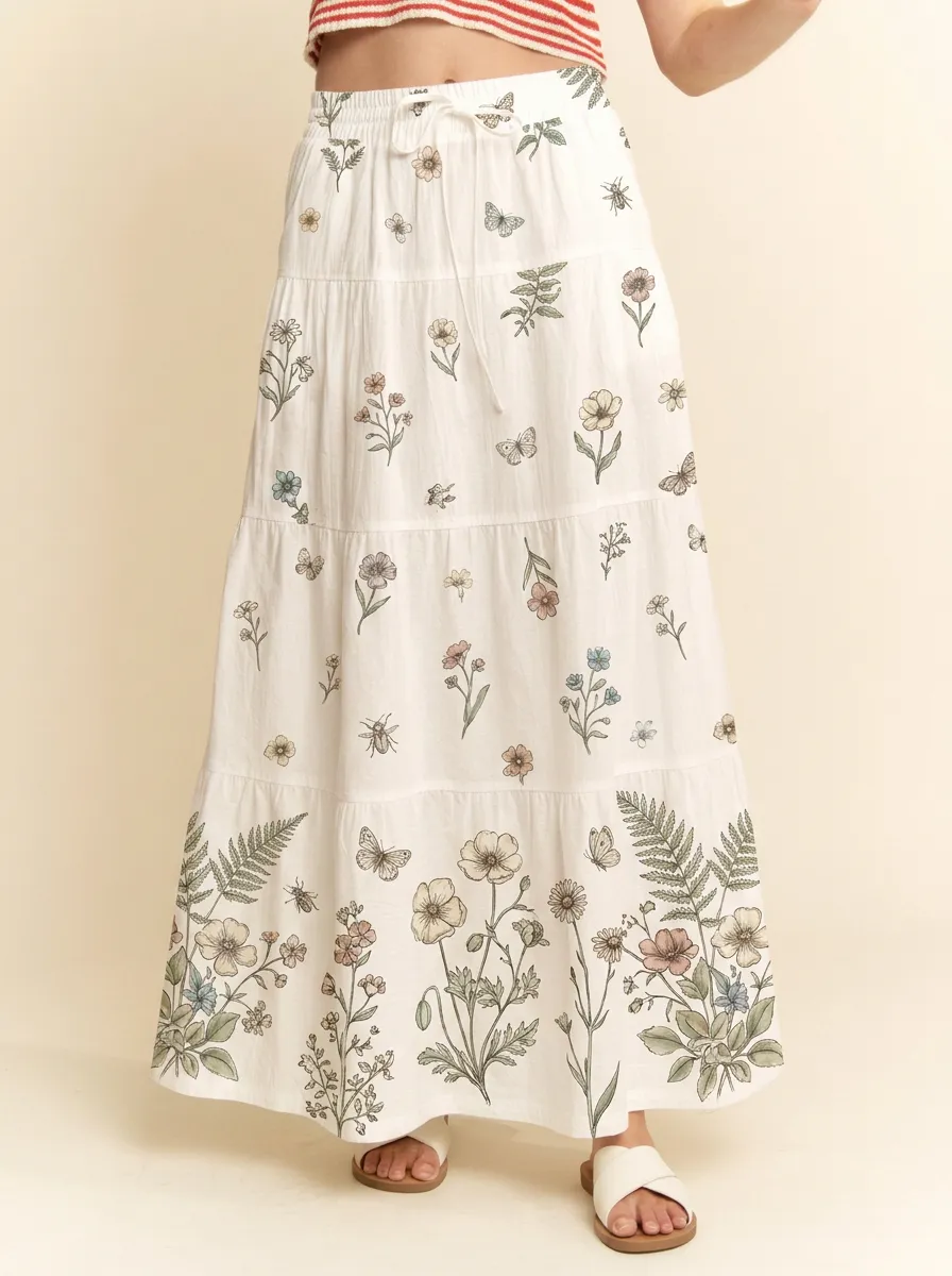 Women's Tiered Botanical Garden Butterfly Floral Printed Maxi Skirt