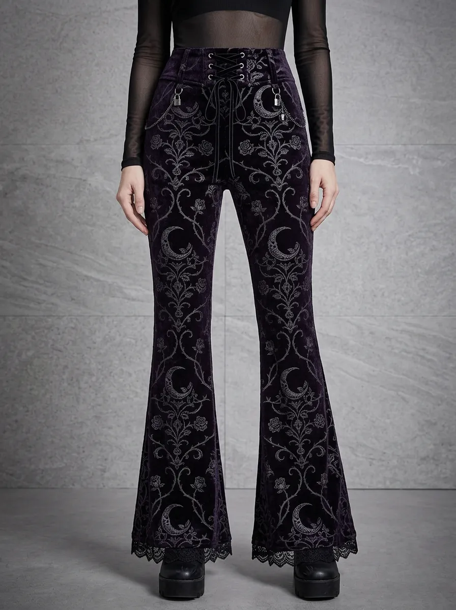 Alternative Moon Floral Velvet Silhouette Women's Gothic Flare Pants