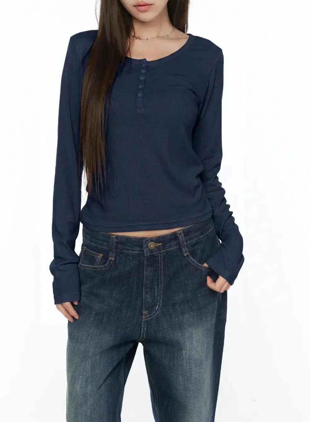 Slim Buttoned Henley Long Sleeve Top