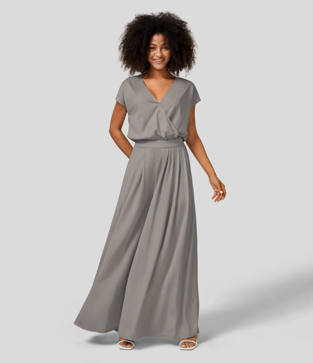V Neck Short Sleeve Plicated Side Pocket Wide Leg Flowy Waffle Casual Jumpsuit