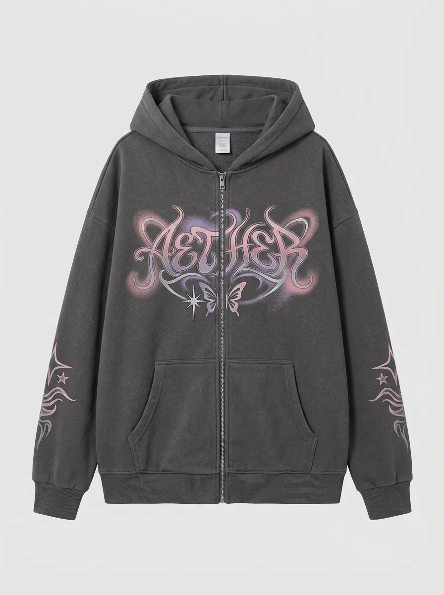 Unisex Streetwear Aether Butterfly Star Printed Zip-up Hoodie