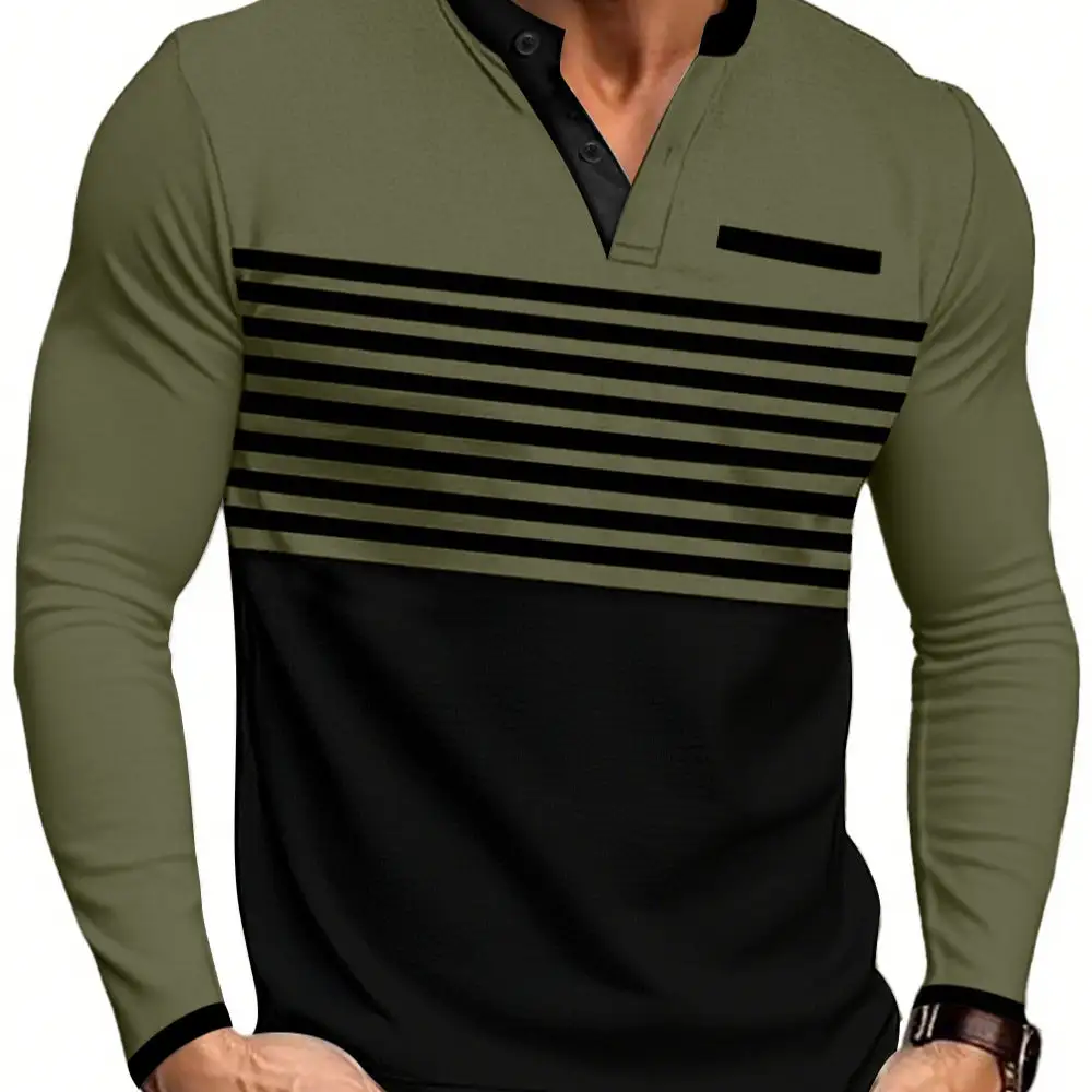 Striped Stand Collar Long Sleeve Polo Shirt