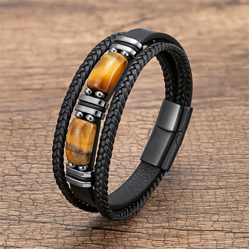 Tiger Eye Stone Willpower Multi Layer Leather Bracelet