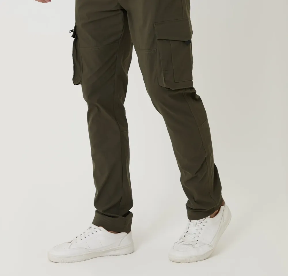 Men's Khaki Green Slim-Fit Stretch Cargo Pants