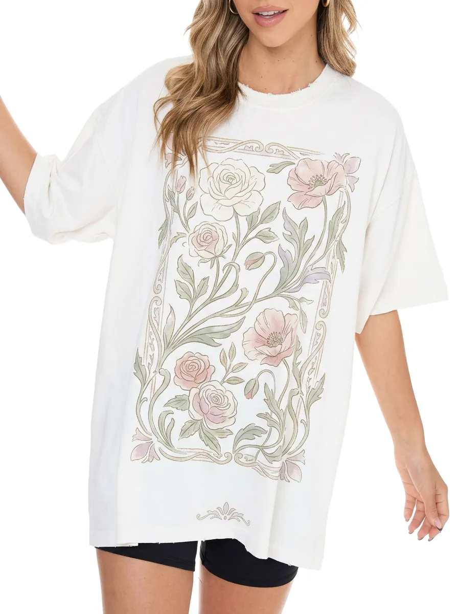 Women's Vintage Floral Botanical Frame Printed T-shirt