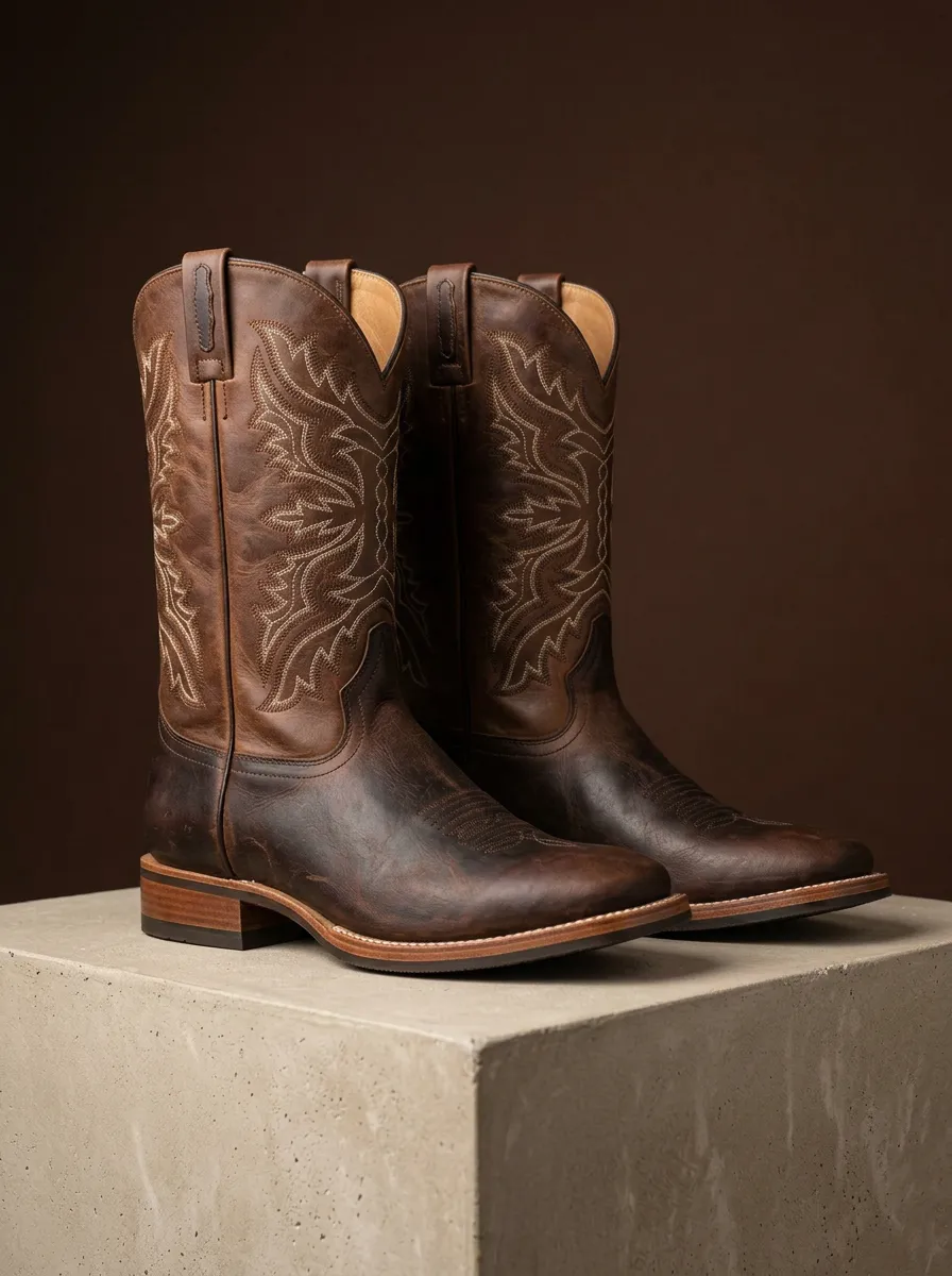 Men's Western Cowboy Brown Leather Embroidered Printed Cowboy Boots