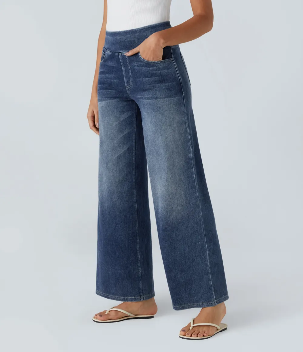 Magic High Waisted Multiple Pockets Wide Leg Washed Stretchy Knit Casual Jeans