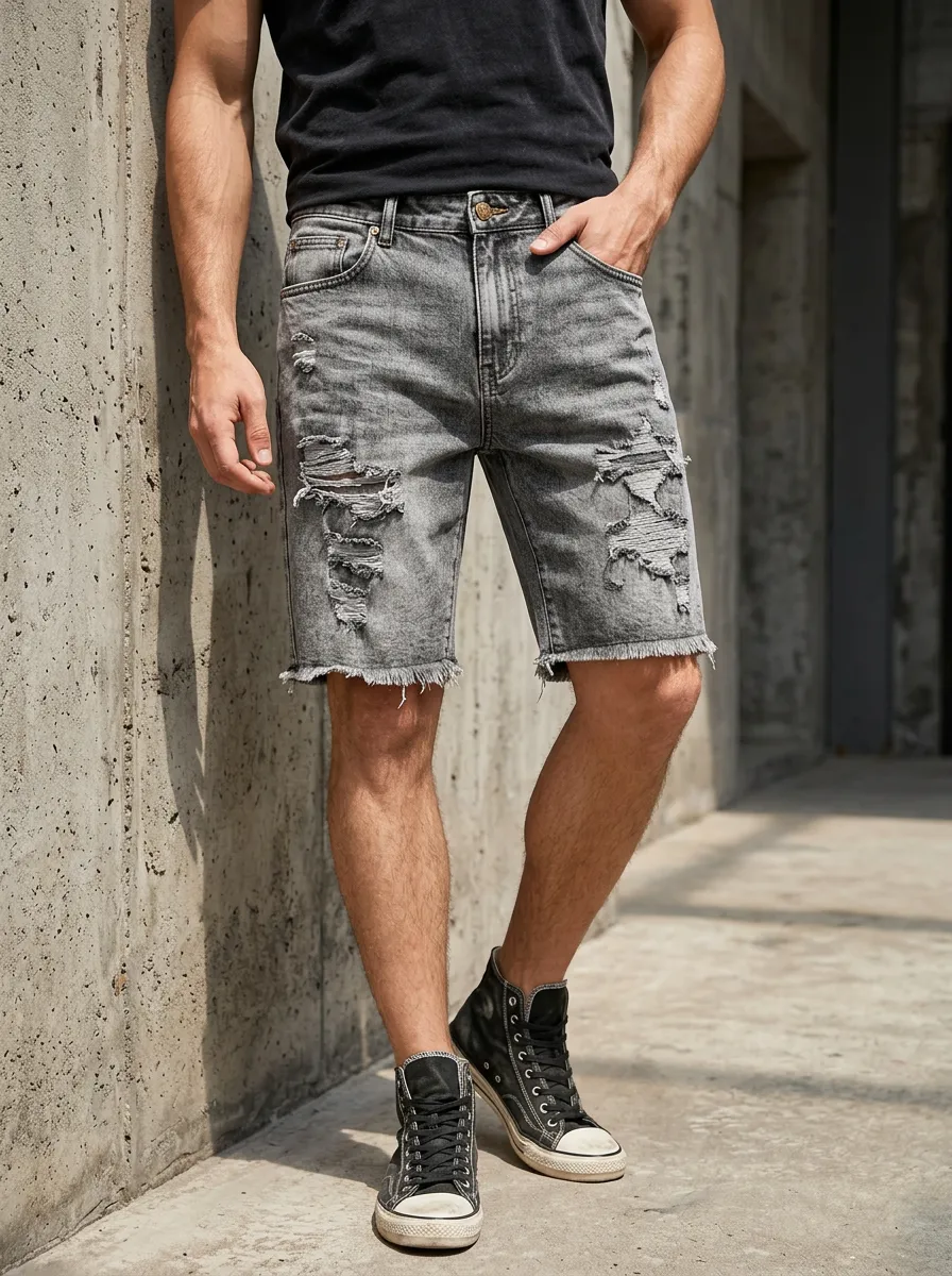 Men's Washed Five Pocket Ripped Denim Shorts