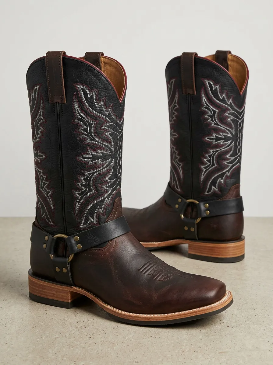 Men's Western Cowboy Embroidered Harness Printed Boots