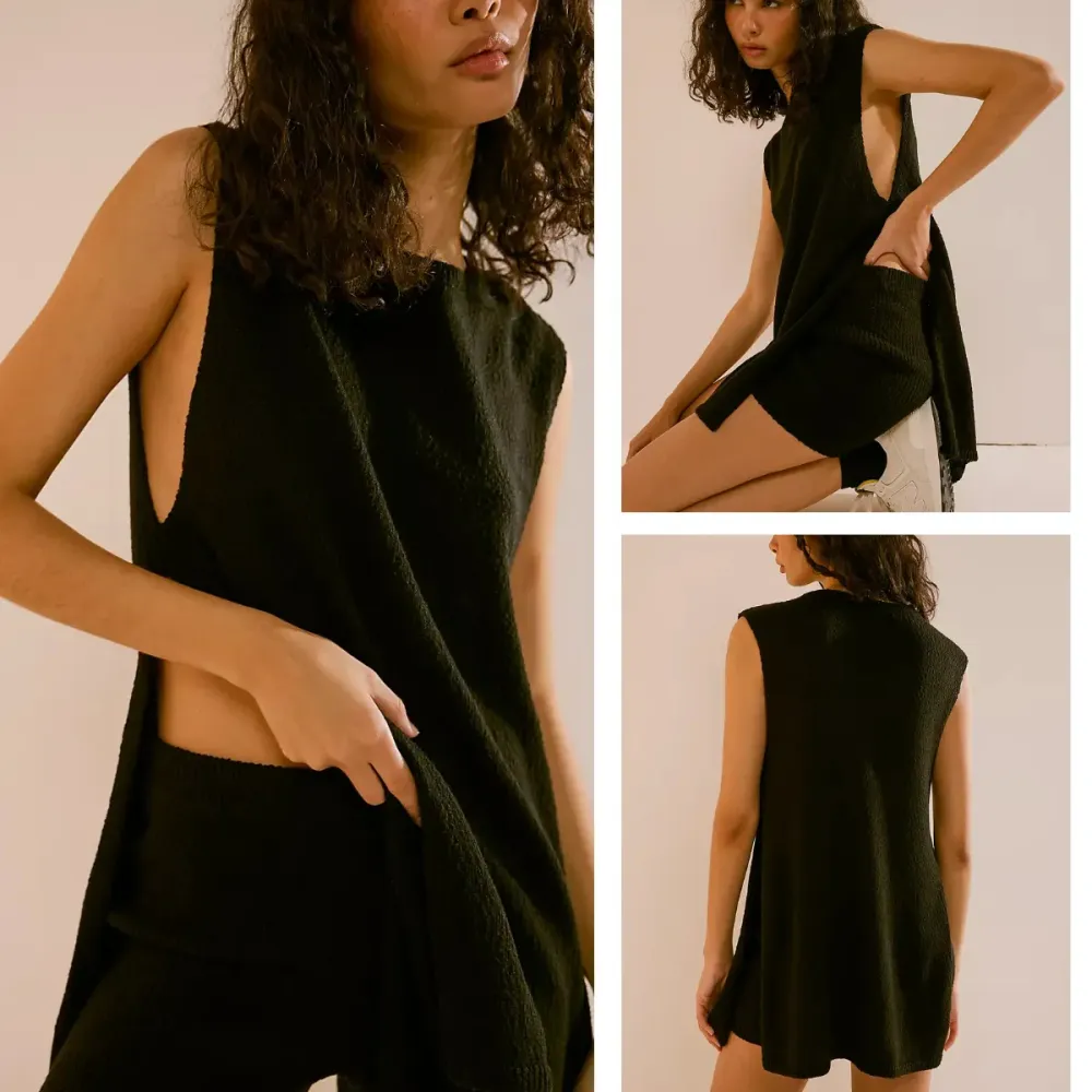 Women's Knit Sweater Set Sleeveless Tunic Top Matching Short 2 Pieces Set