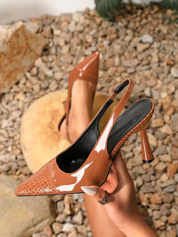 Pointed-Toe Panel Detail Slide Heeled Sandals