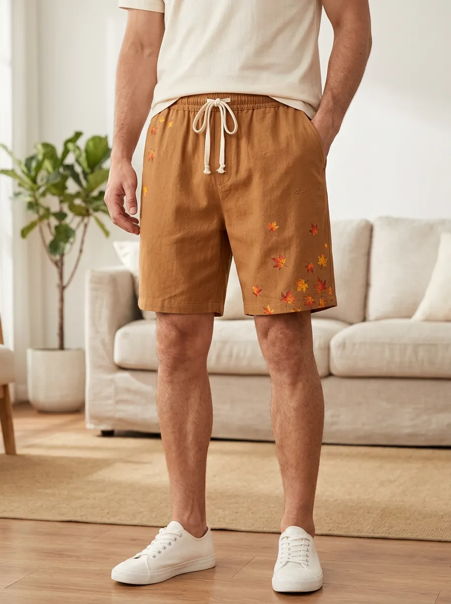 Tan Maple Leaf Embroidered Drawstring Drawstring Shorts